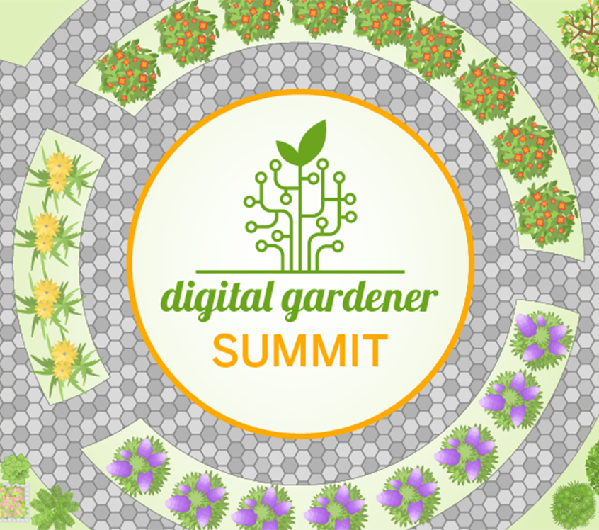 Garden viewed from above with Digital Gardener Summit logo