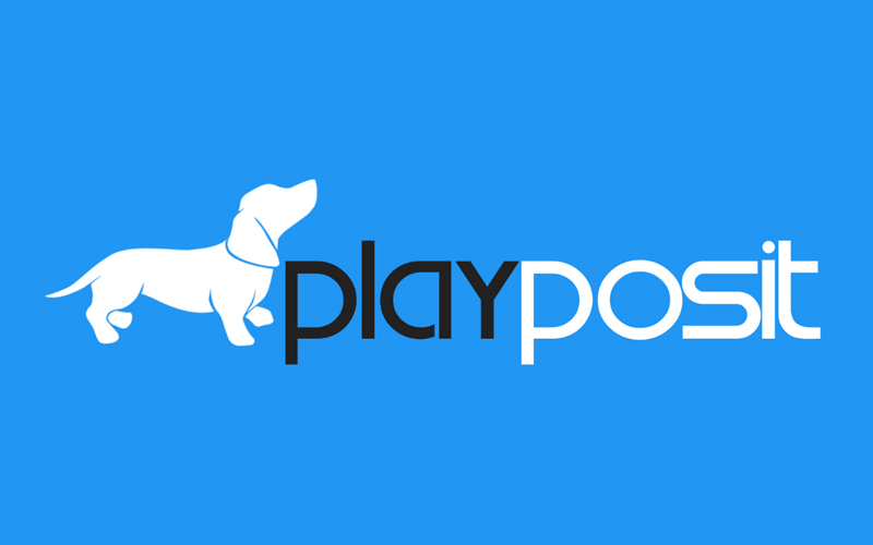 Graphic of a white dog on a blue background. Text reads: playposit