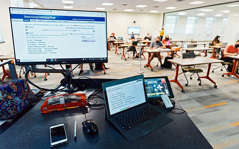Image of a computer monitor and laptop on a podium with desks and students in the background.